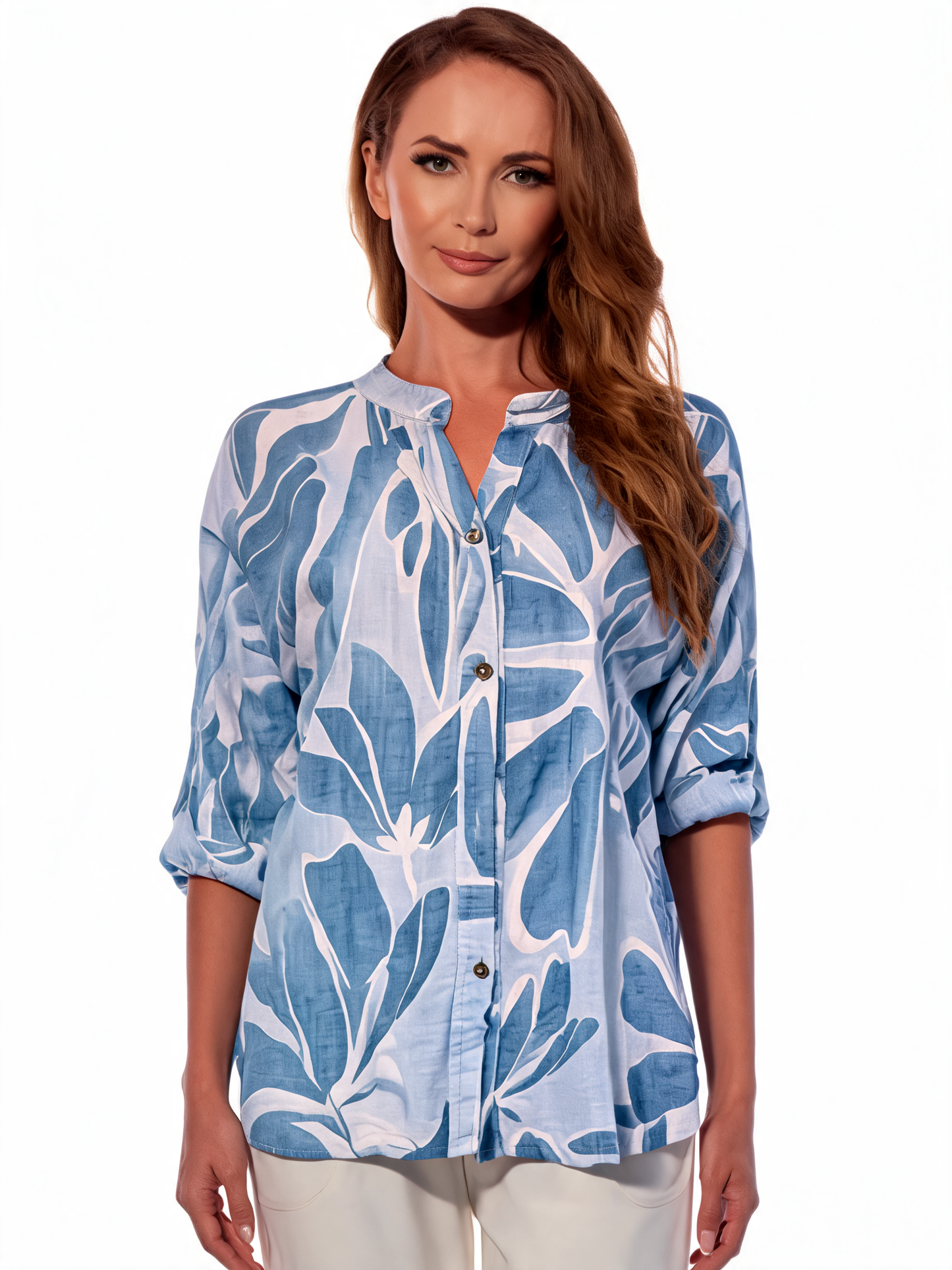 Tropical Leaf Print Button-Up Linen Shirt - Sky Blue