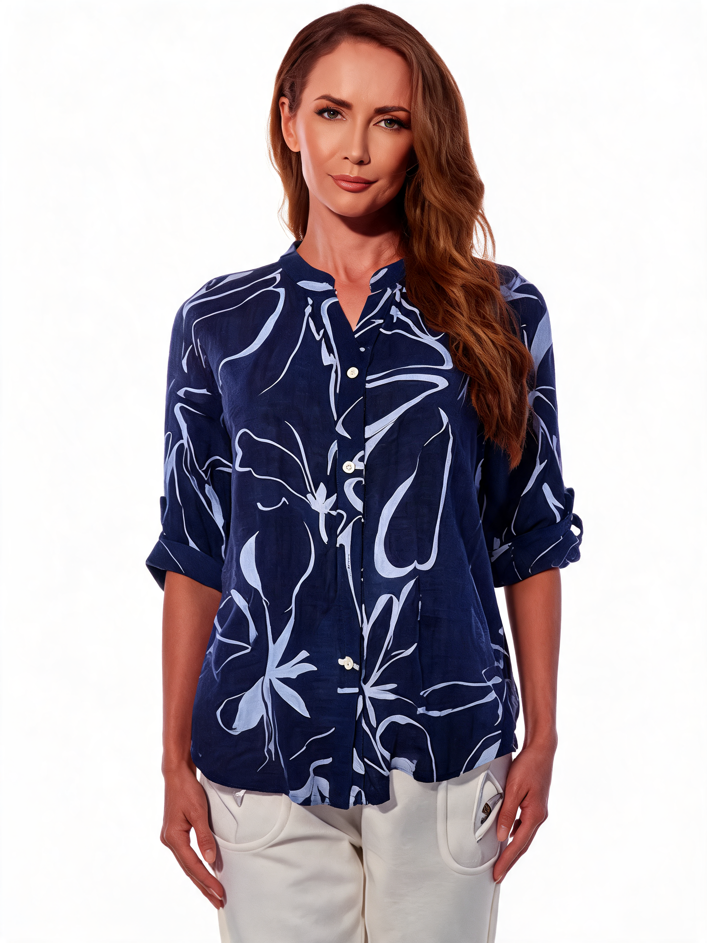 Tropical Leaf Print Button-Up Linen Shirt - Navy