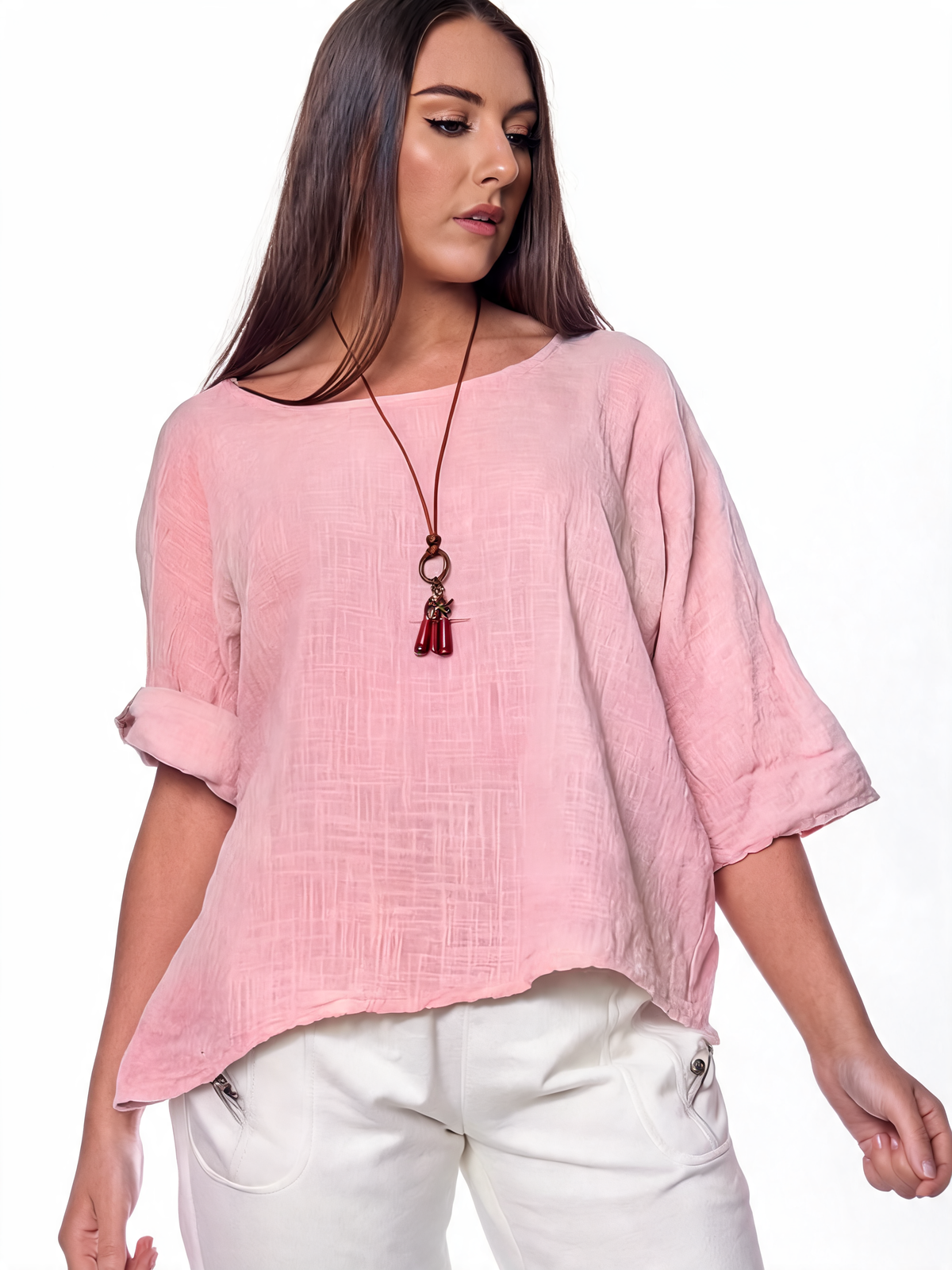 Dusty pink quarter-sleeve plain top with loose fit and lightly textured weave.