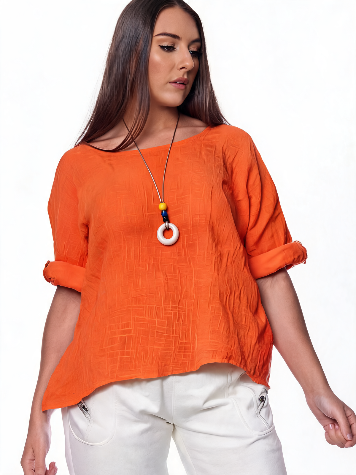 Orange women’s plain tunic top with wide round neckline and rolled three-quarter sleeves