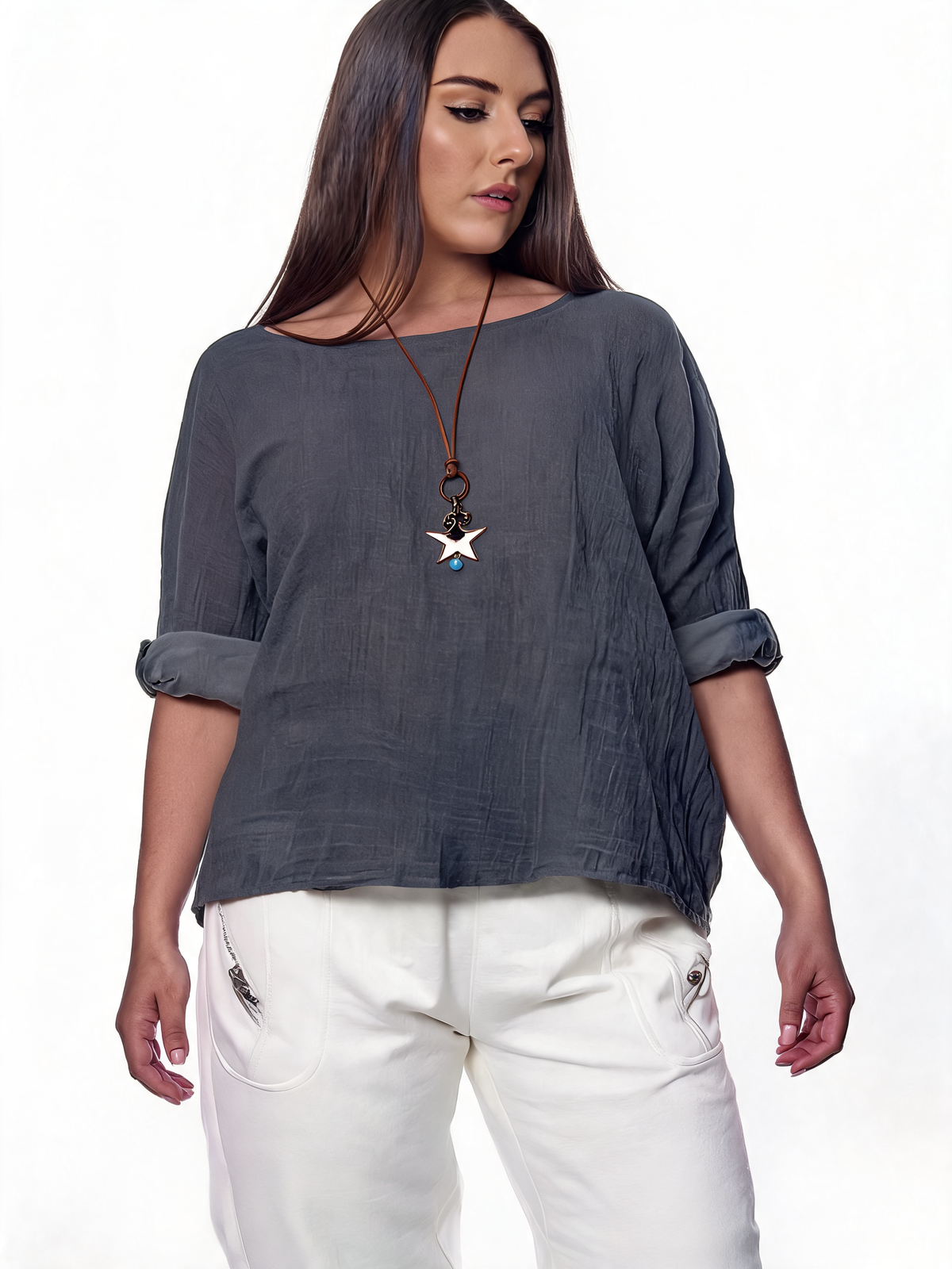 Charcoal quarter-sleeve plain top with relaxed fit and rolled-cuff sleeves.