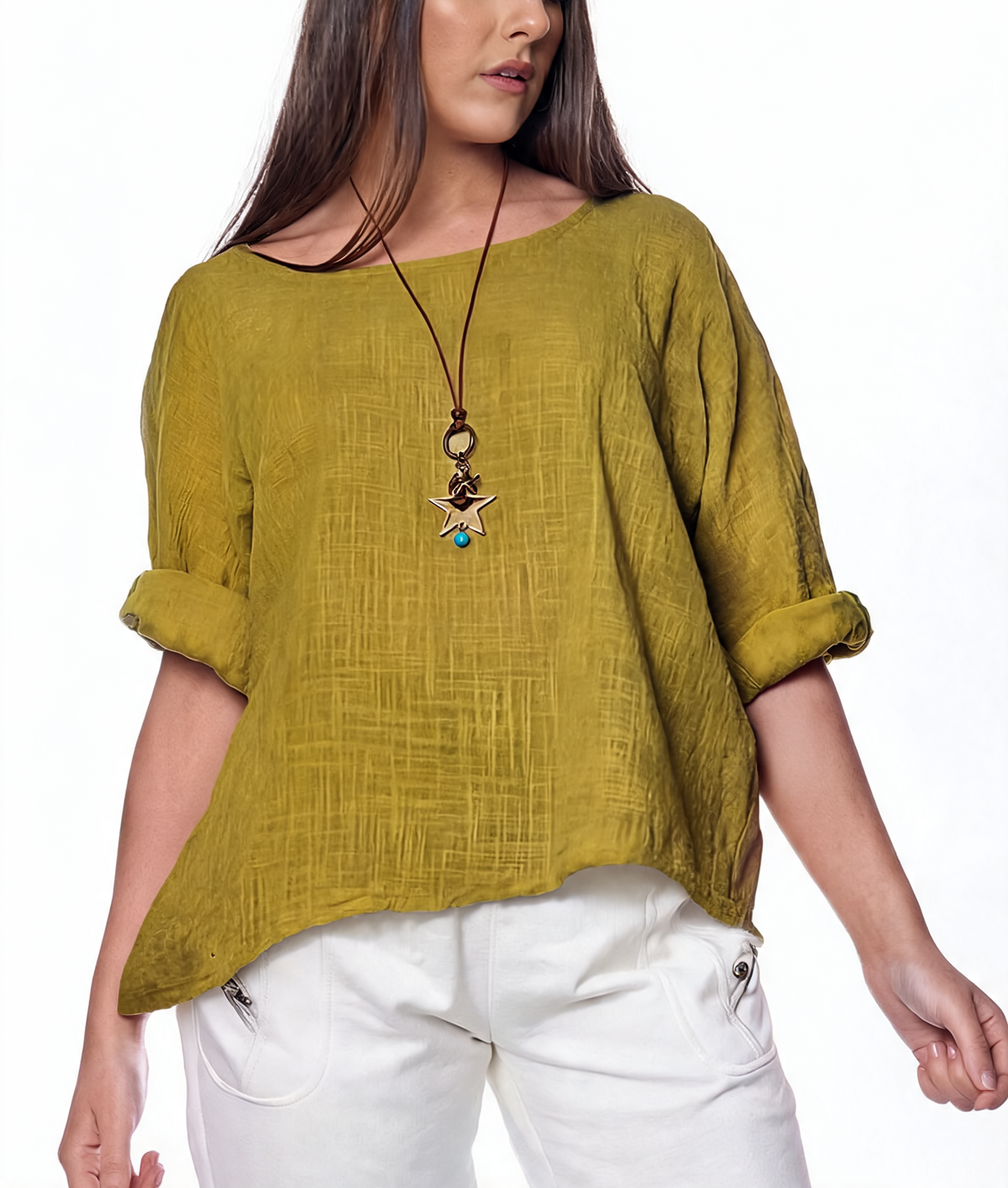 Greenish mustard quarter-sleeve plain top with loose fit and rolled sleeve cuffs.