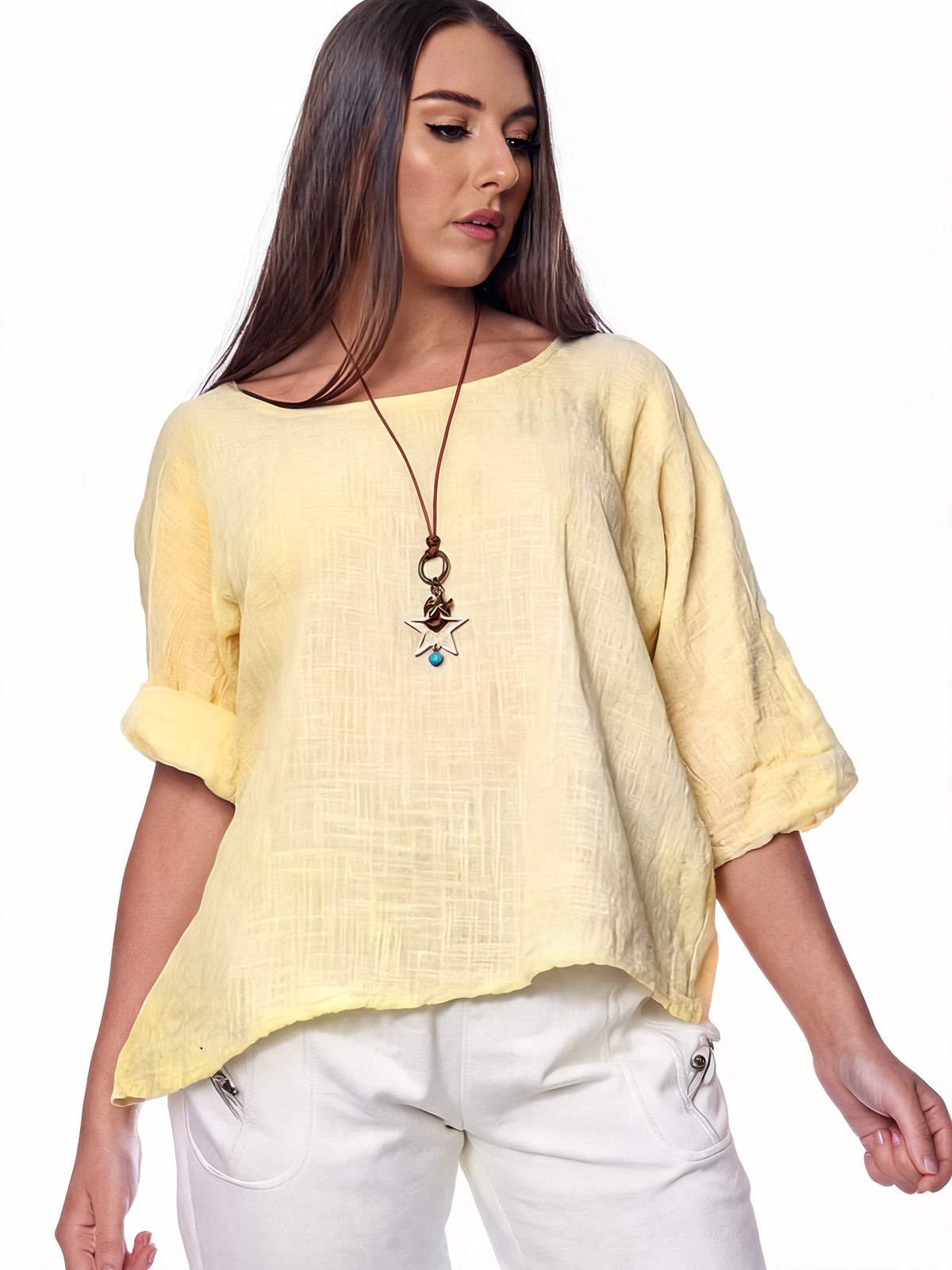 Cream quarter-sleeve plain top with loose fit and subtle textured weave.