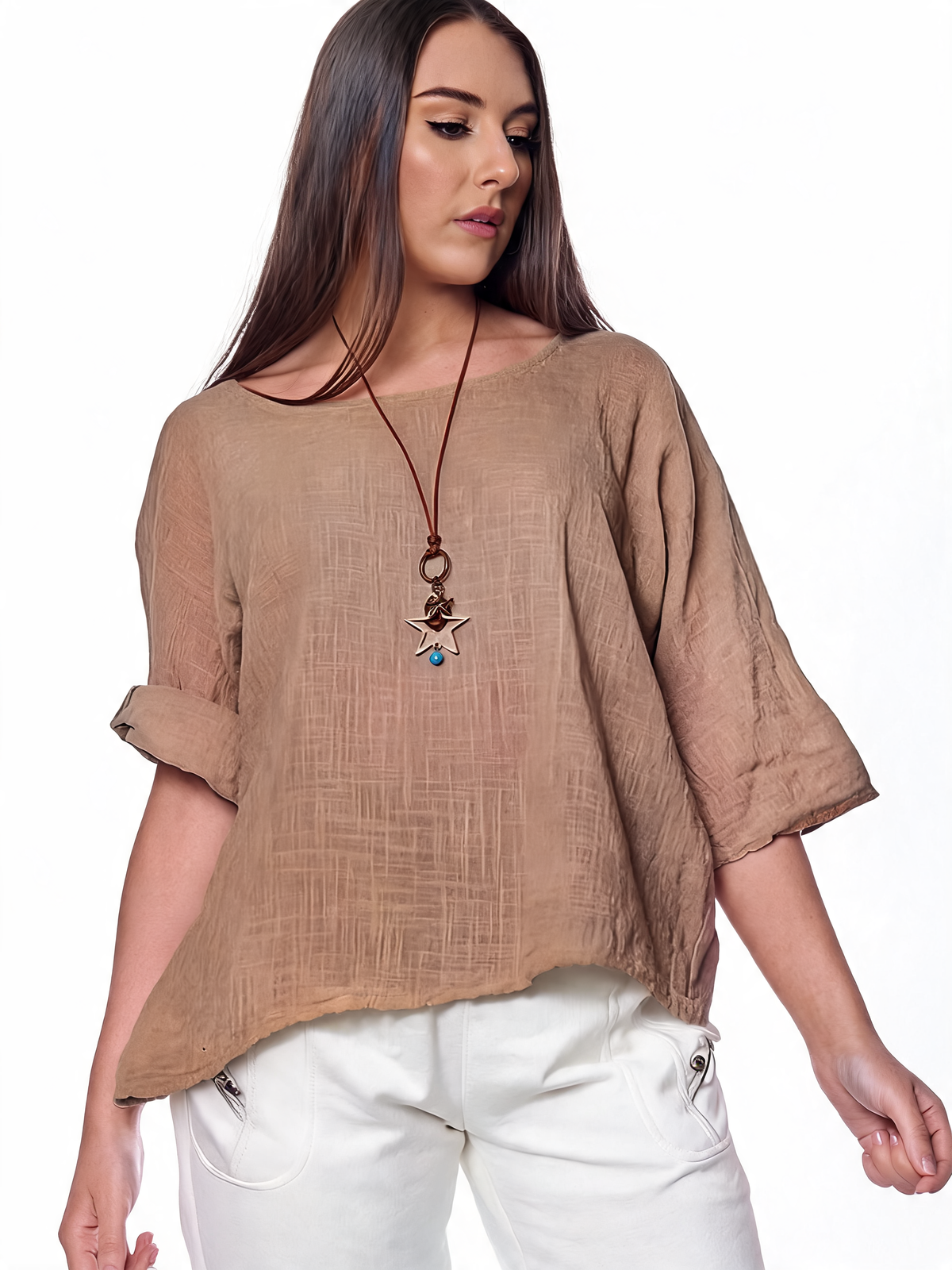 Camel quarter-sleeve plain top with loose drape and textured fabric.