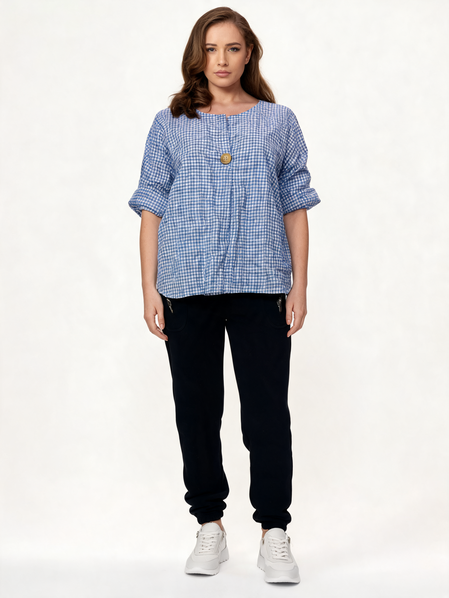 Gingham Check Linen-Look Relaxed Blouse with Statement Button Detail - Blue