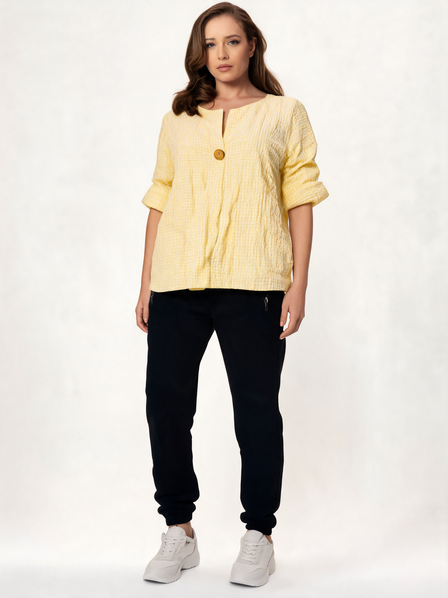 Gingham Check Linen-Look Relaxed Blouse with Statement Button Detail - Lemon