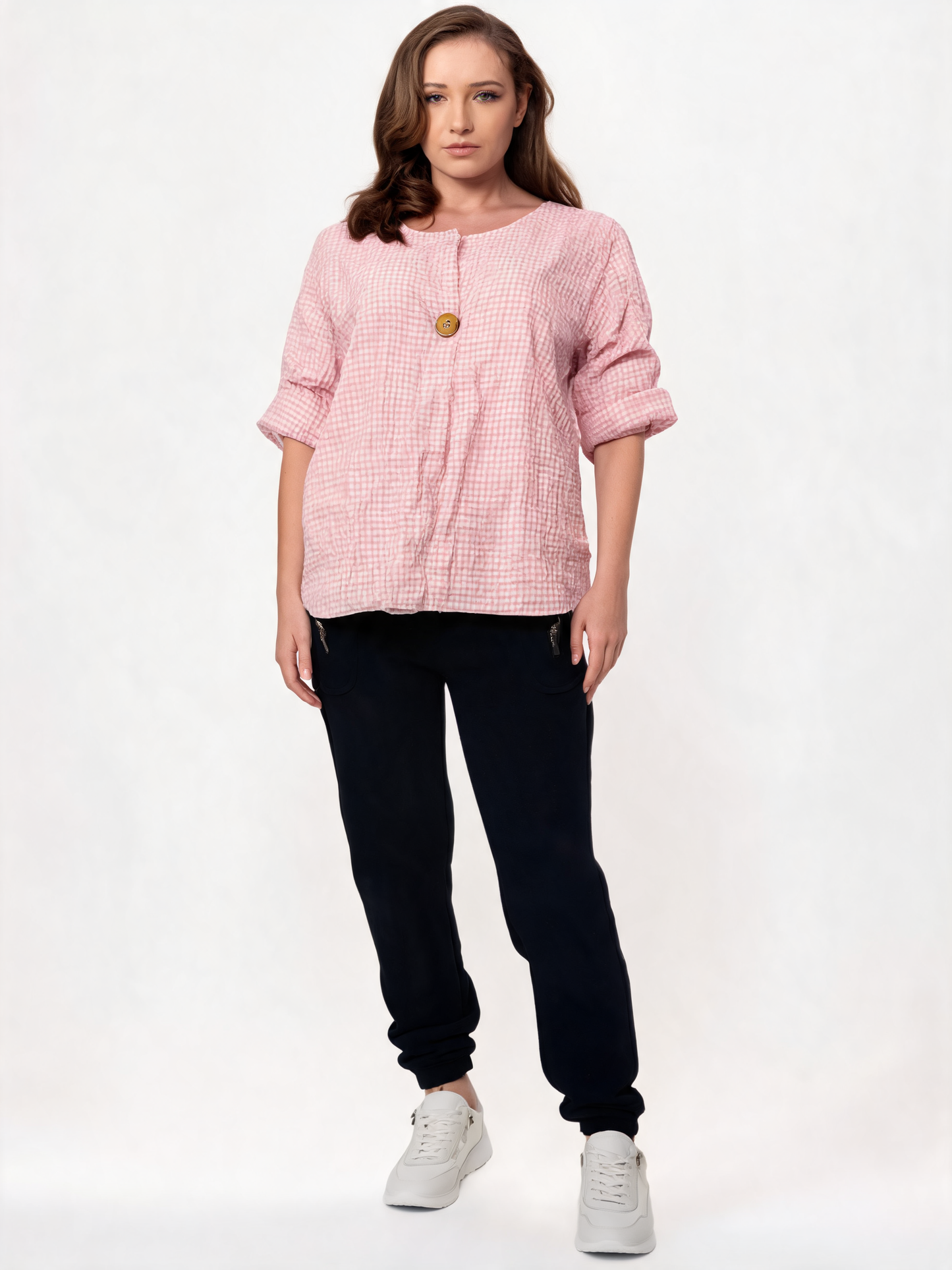 Gingham Check Linen-Look Relaxed Blouse with Statement Button Detail - Pink
