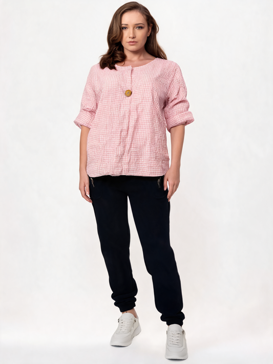 Gingham Check Linen-Look Relaxed Blouse with Statement Button Detail - Pink