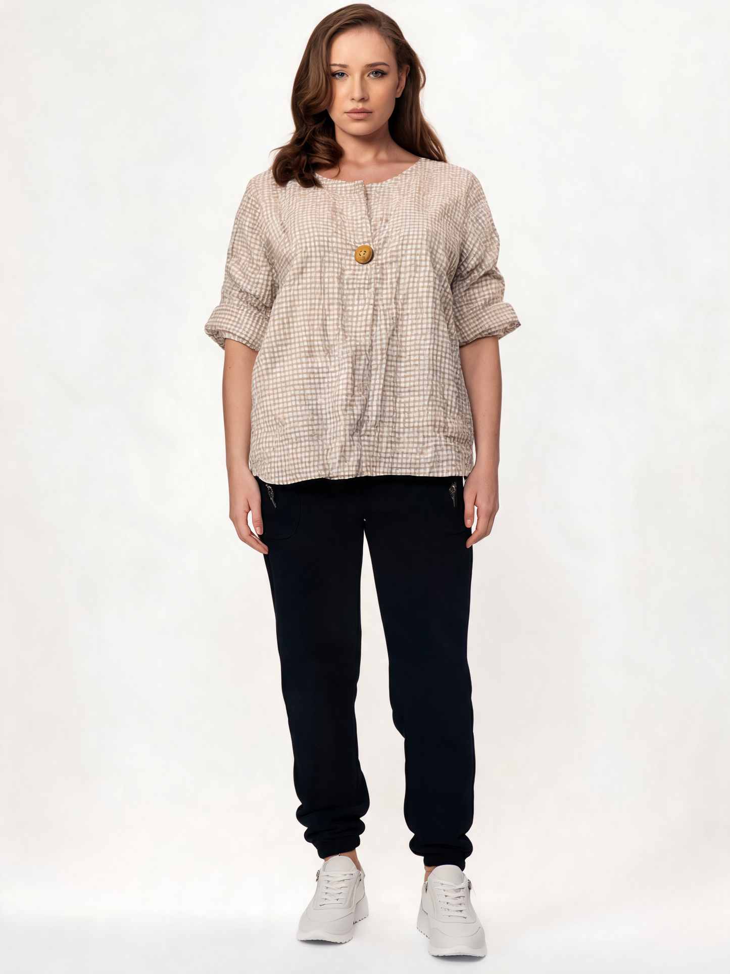 Gingham Check Linen-Look Relaxed Blouse with Statement Button Detail - Beige