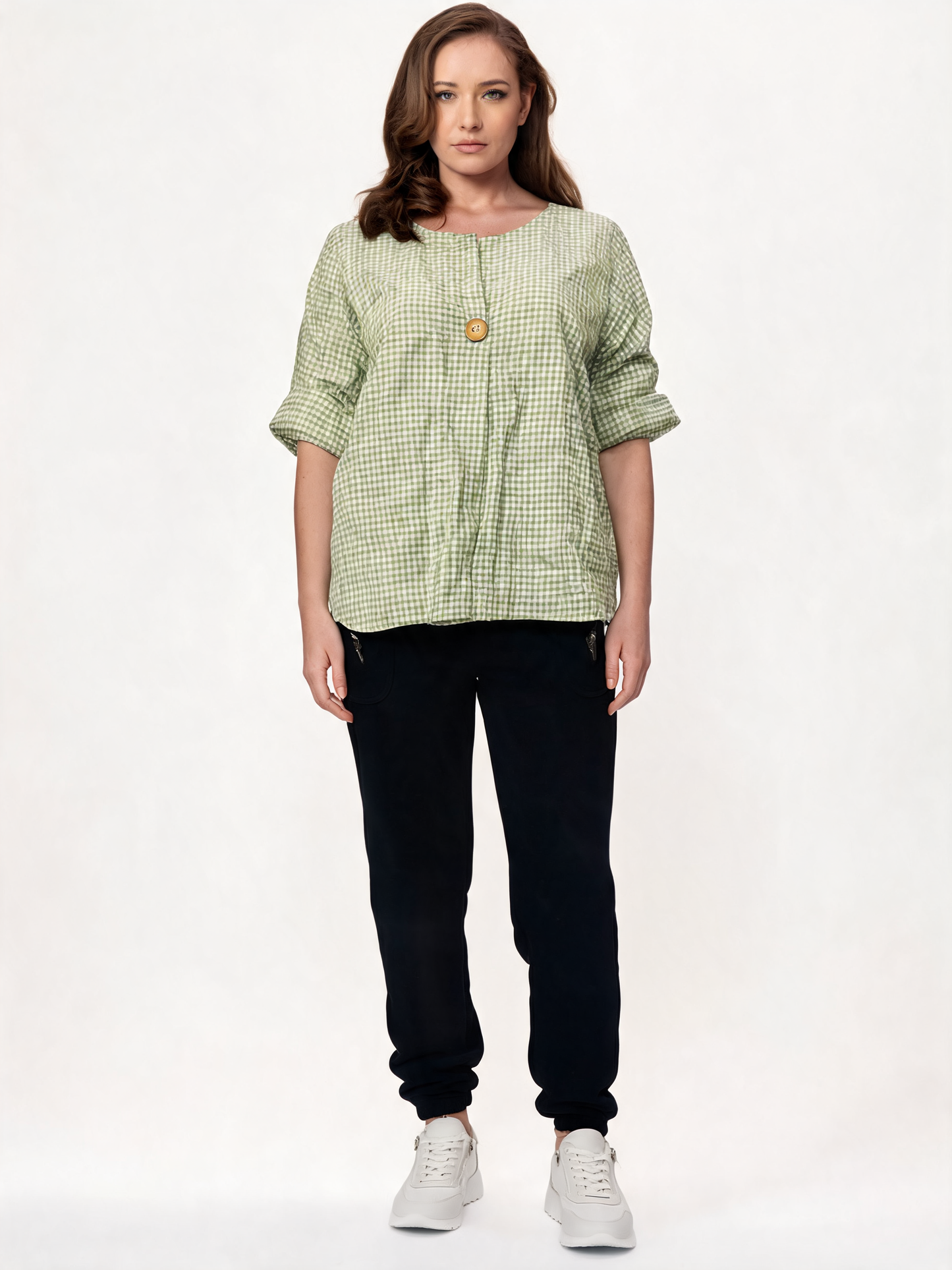 Gingham Check Linen-Look Relaxed Blouse with Statement Button Detail - Khaki