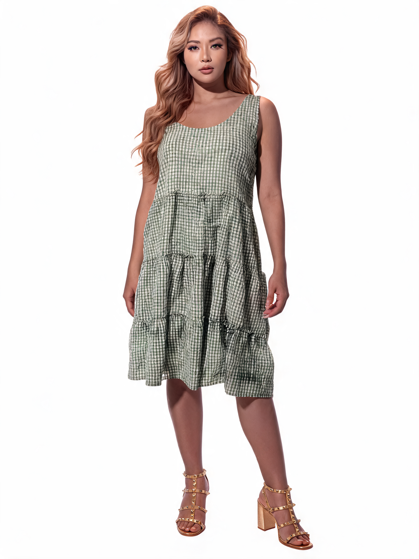 Gingham Tiered Sundress - Khaki