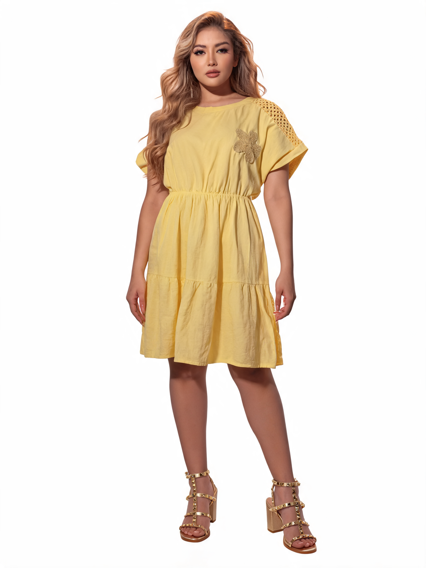Azure Blossom Crochet-Trim Tiered Smock Dress - Lemon