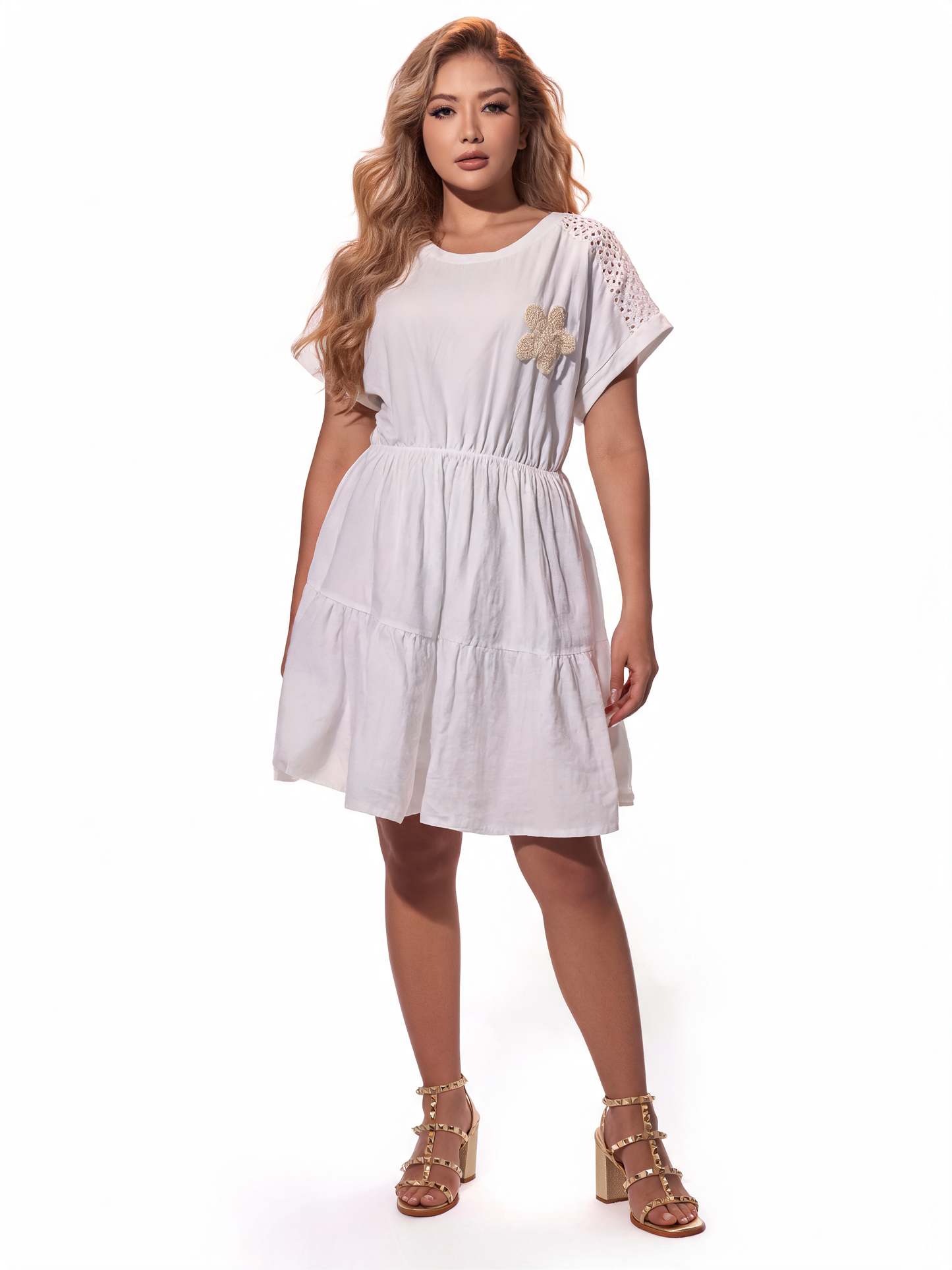 Azure Blossom Crochet-Trim Tiered Smock Dress - White