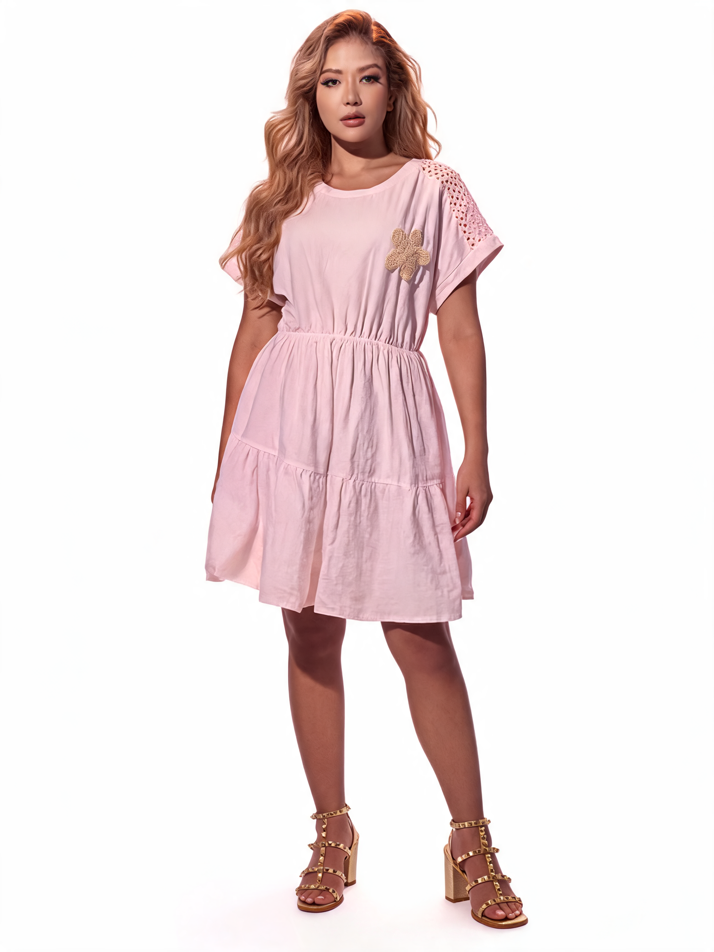 Azure Blossom Crochet-Trim Tiered Smock Dress - Pink
