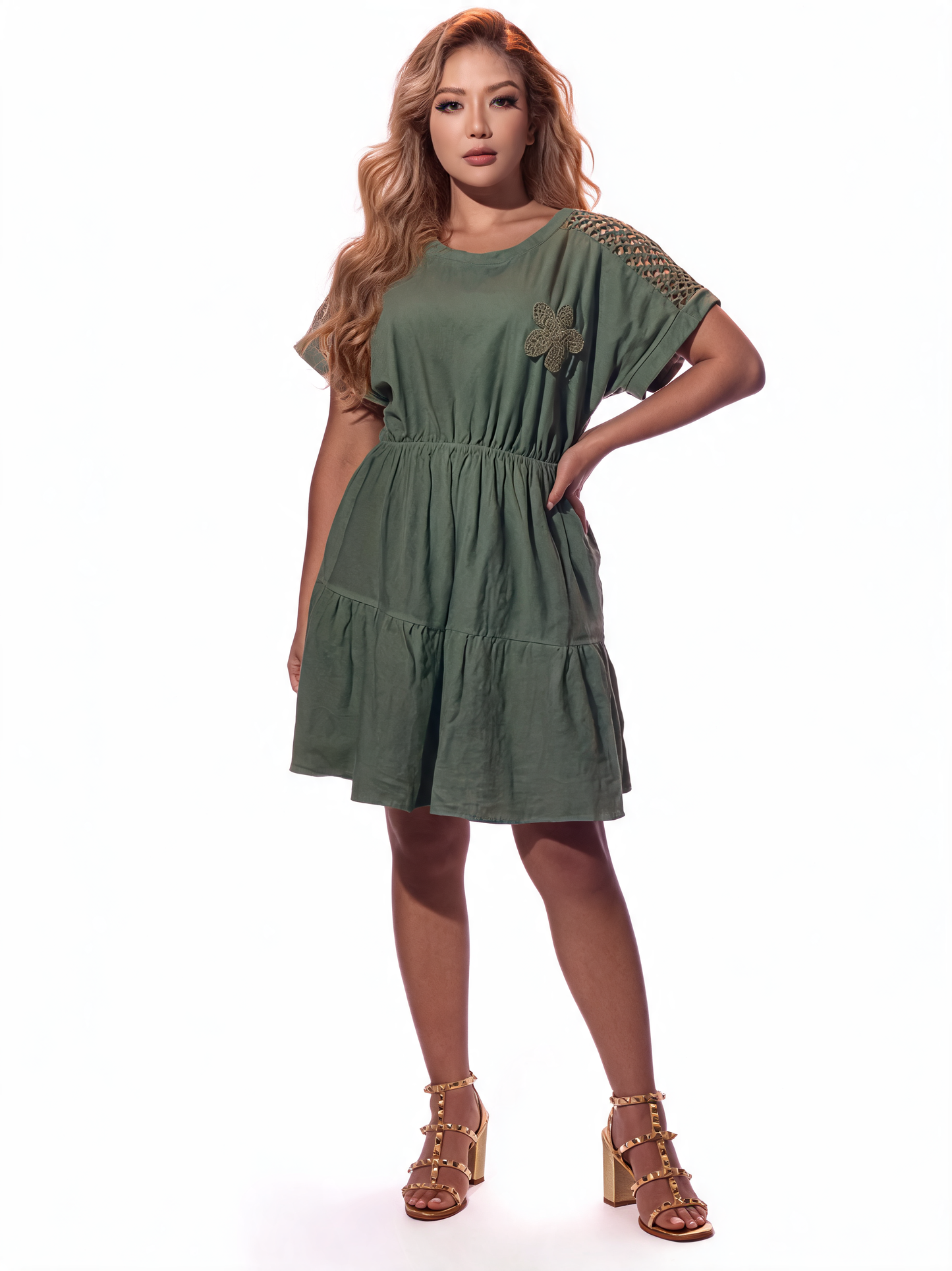 Azure Blossom Crochet-Trim Tiered Smock Dress - Khaki