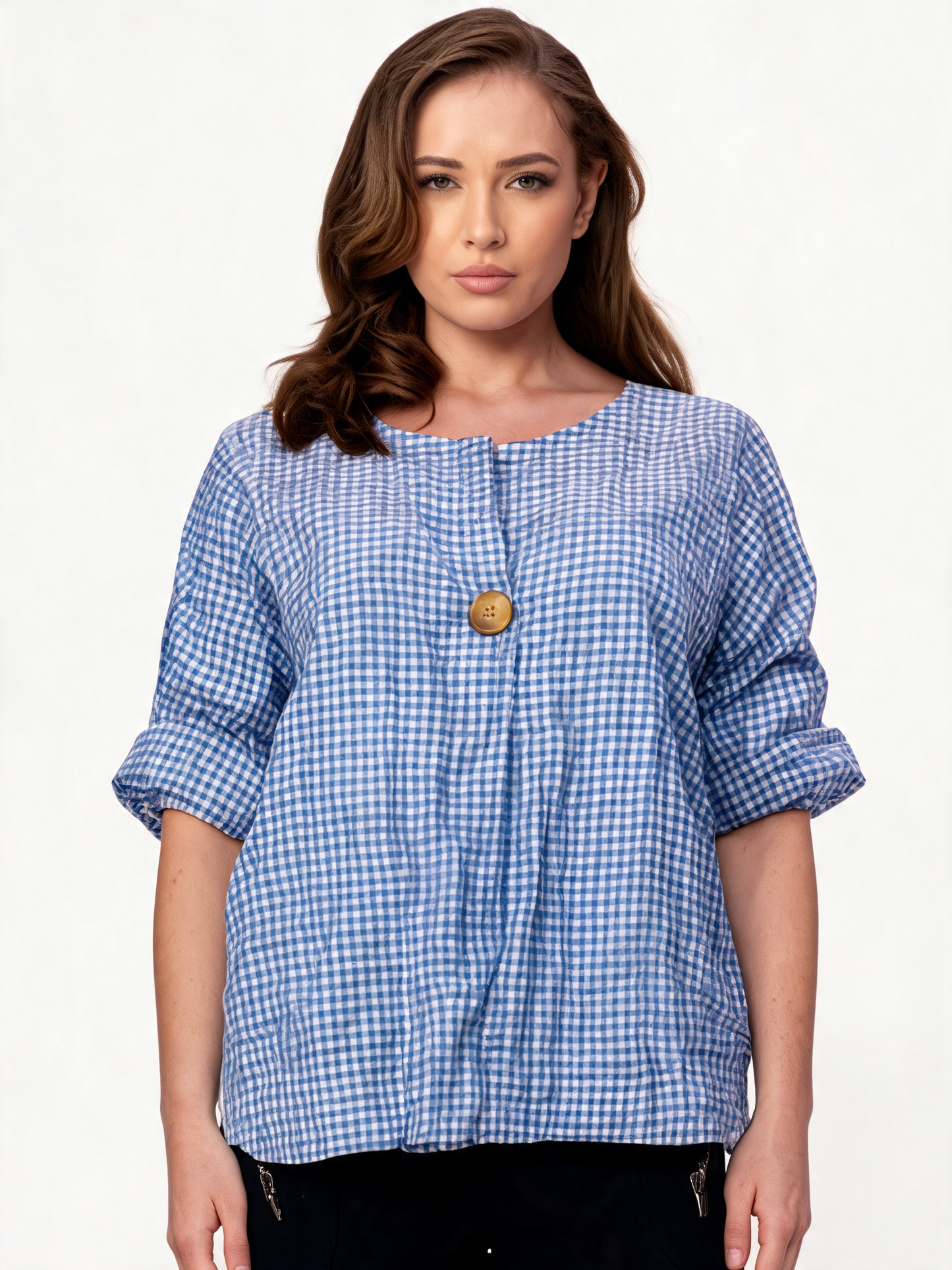 Gingham Check Linen-Look Relaxed Blouse with Statement Button Detail - Blue
