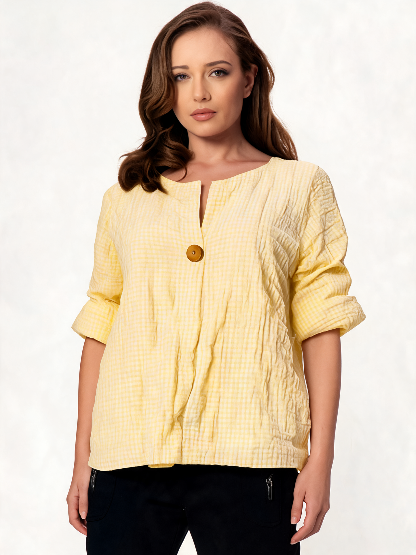 Gingham Check Linen-Look Relaxed Blouse with Statement Button Detail - Lemon