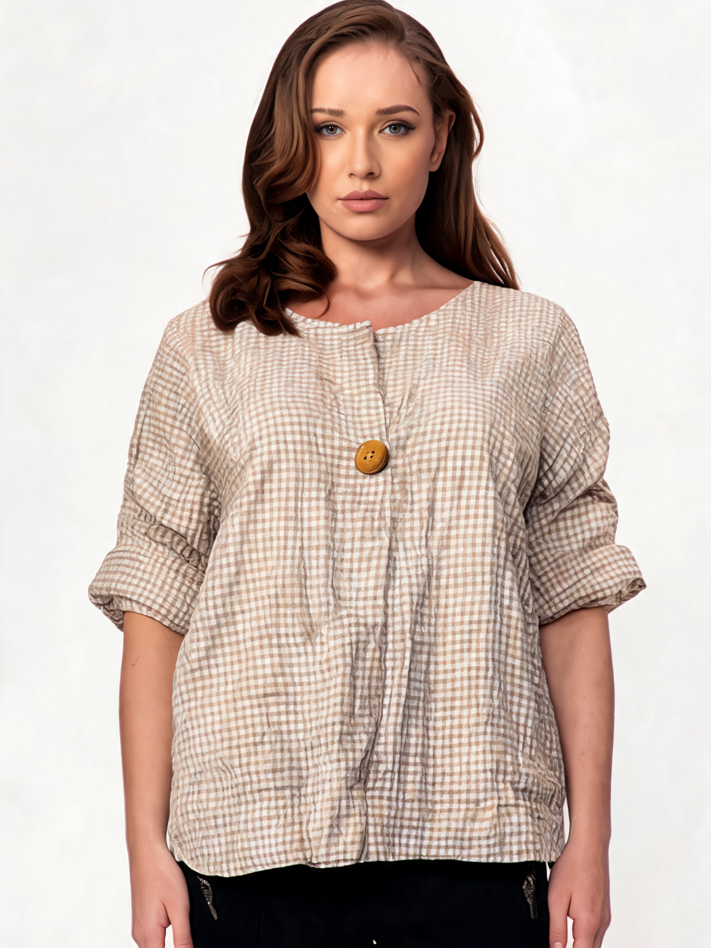 Gingham Check Linen-Look Relaxed Blouse with Statement Button Detail - Beige