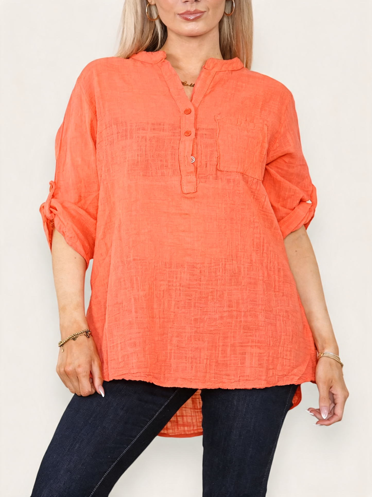 PLAIN GRANDAD SHIRT CORAL
