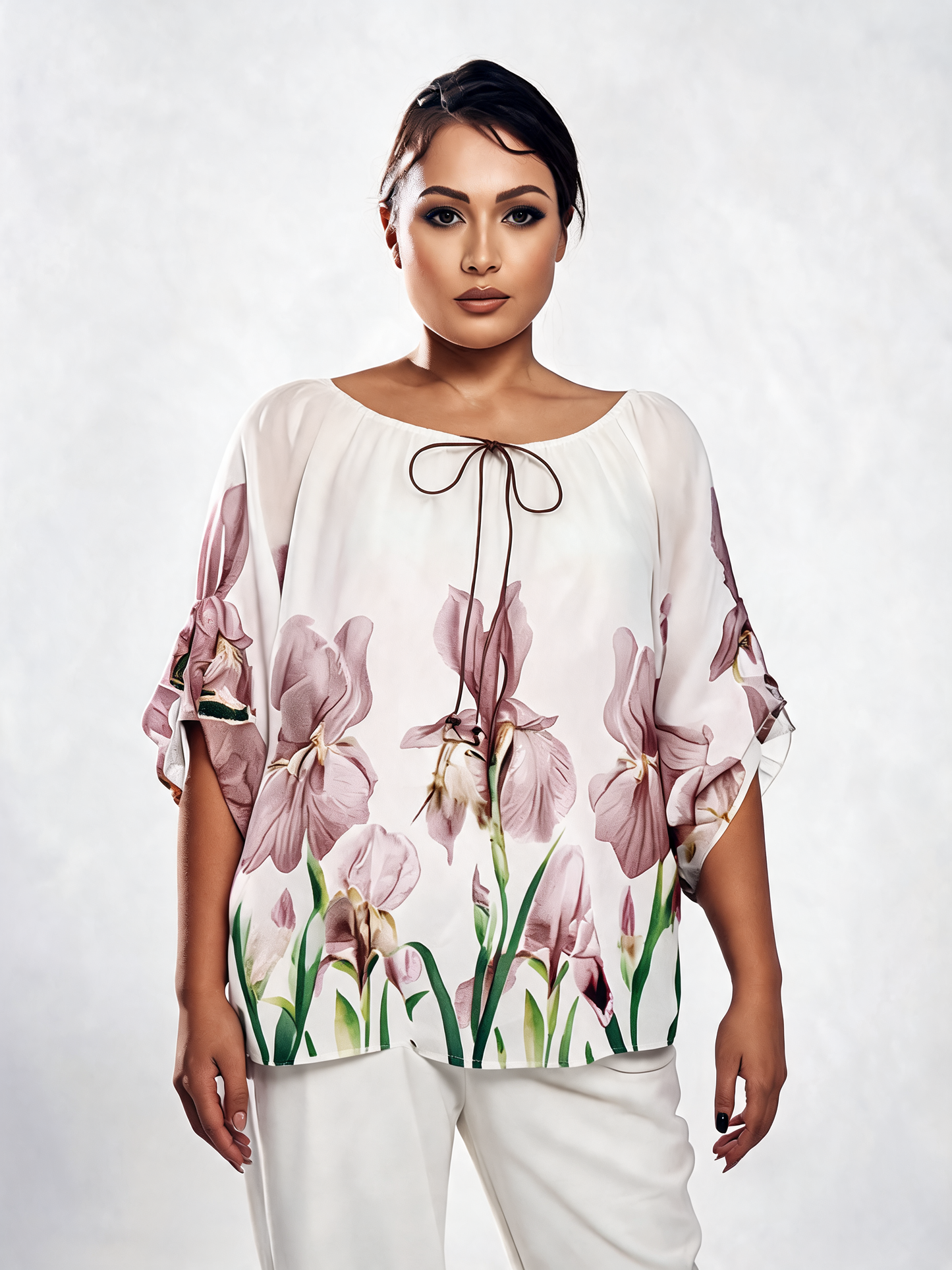 Iris Floral Print Chiffon Batwing Blouse - Dusty Pink