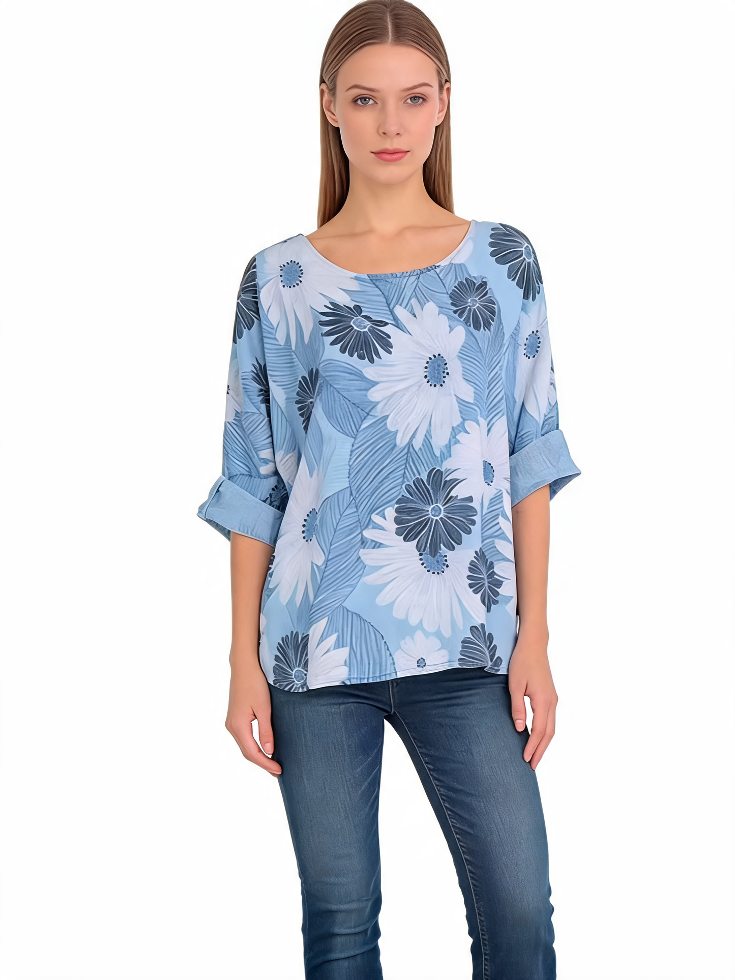 Floral Print Oversized Blouse Daisy Botanical Top with Roll-Up Sleeves - Sky Blue
