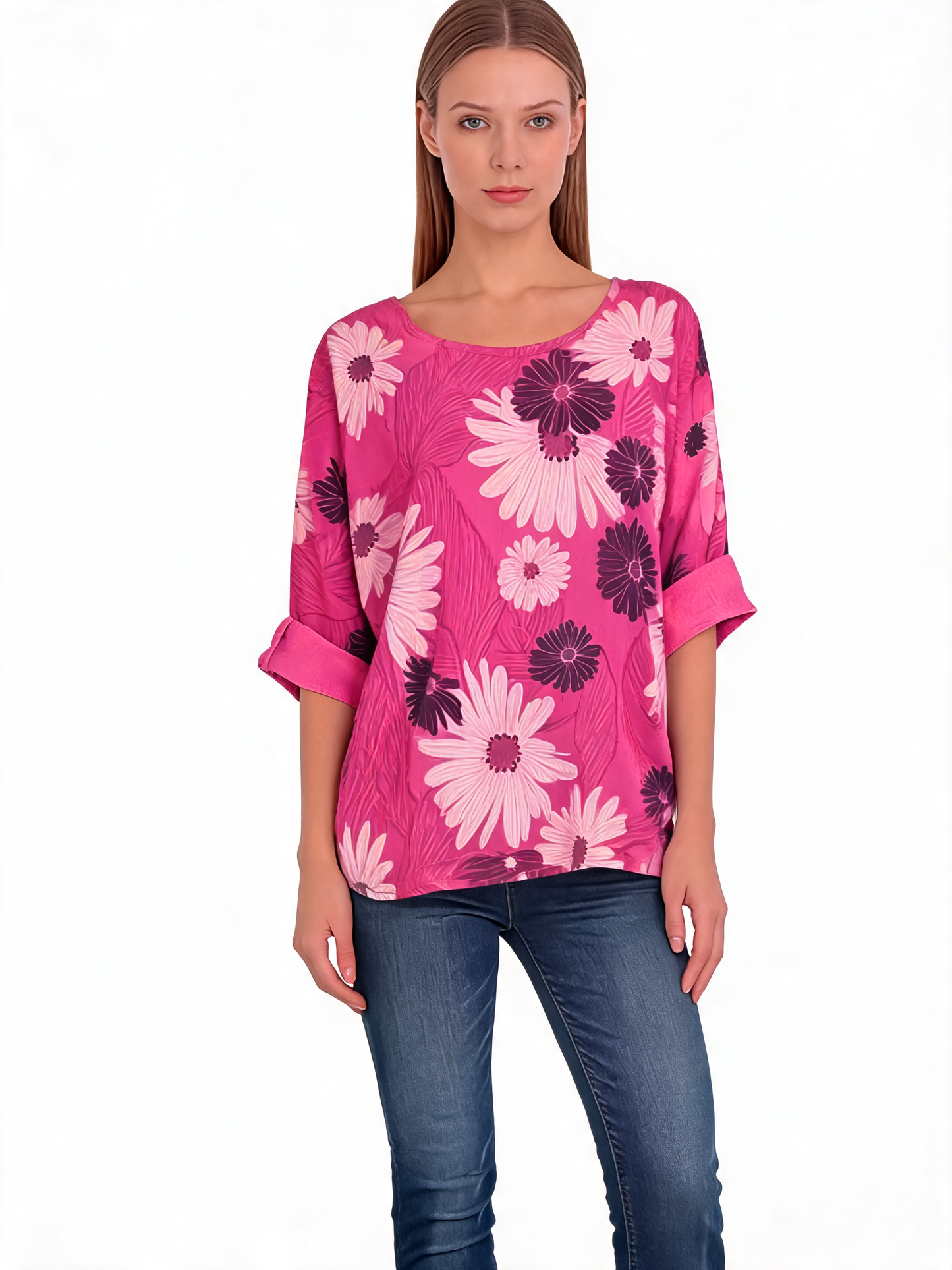 Floral Print Oversized Blouse Daisy Botanical Top with Roll-Up Sleeves - Fuchsia