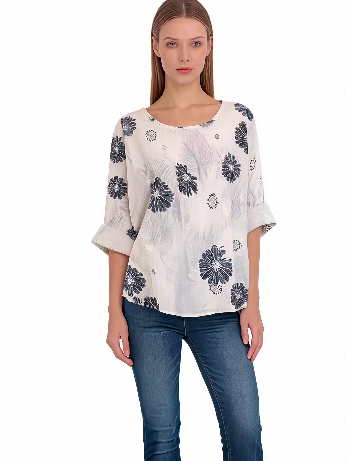 Floral Print Oversized Blouse Daisy Botanical Top with Roll-Up Sleeves - White