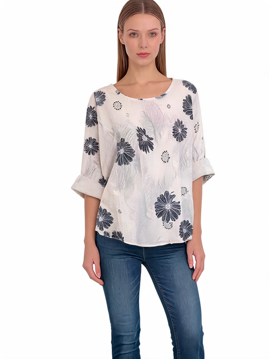 Floral Print Oversized Blouse Daisy Botanical Top with Roll-Up Sleeves - White