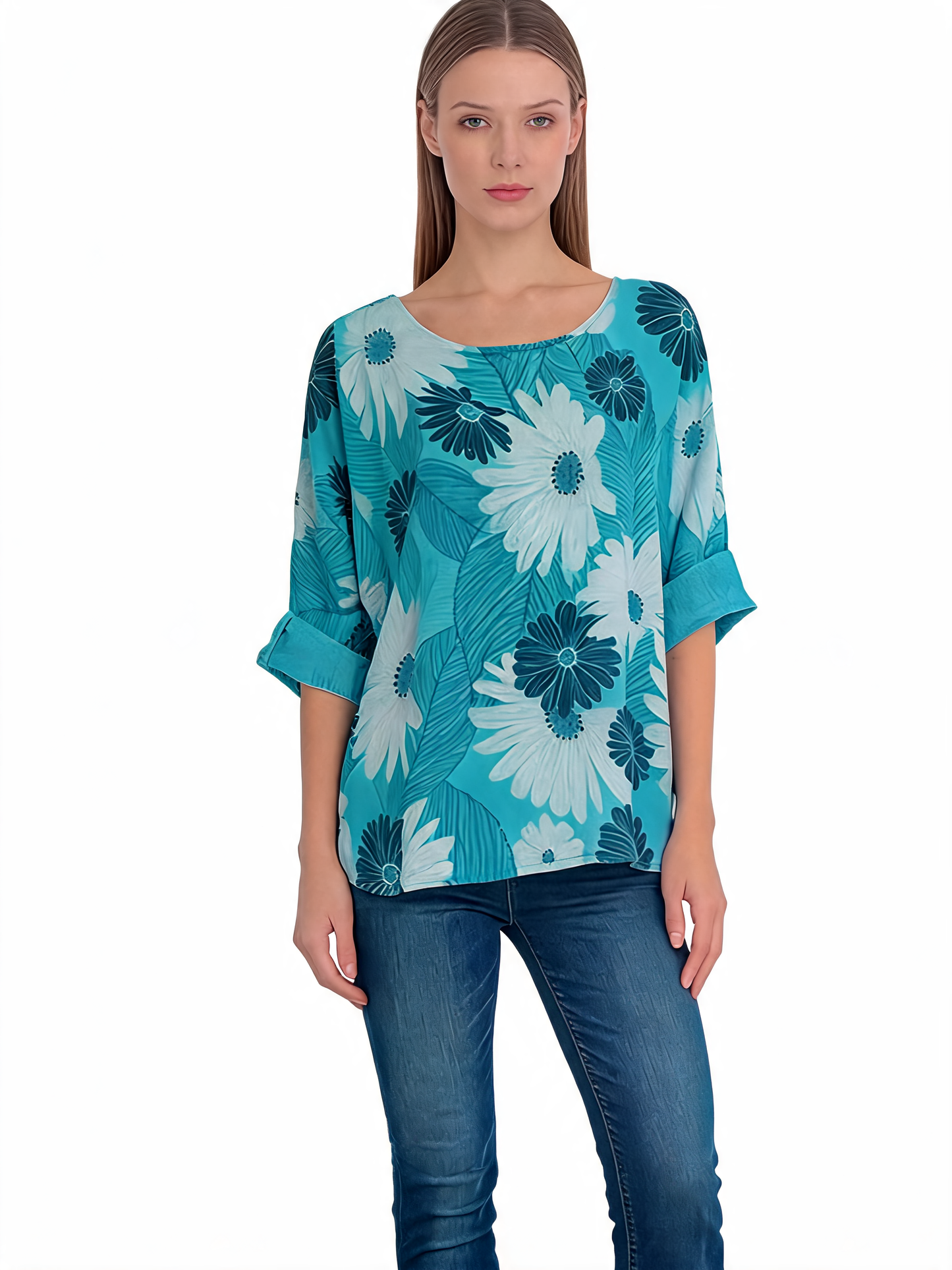 Floral Print Oversized Blouse Daisy Botanical Top with Roll-Up Sleeves - Turquoise