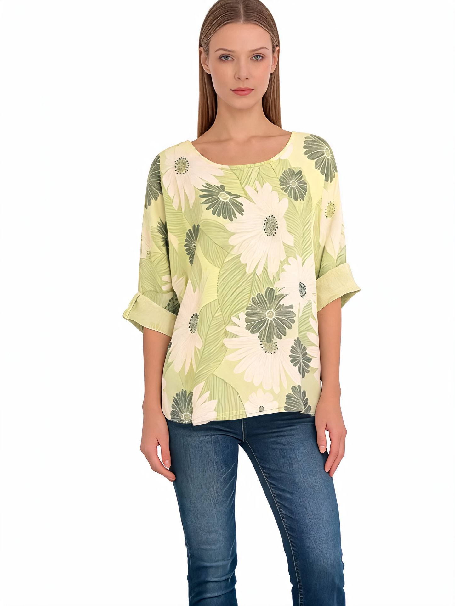 Floral Print Oversized Blouse Daisy Botanical Top with Roll-Up Sleeves - Lemon