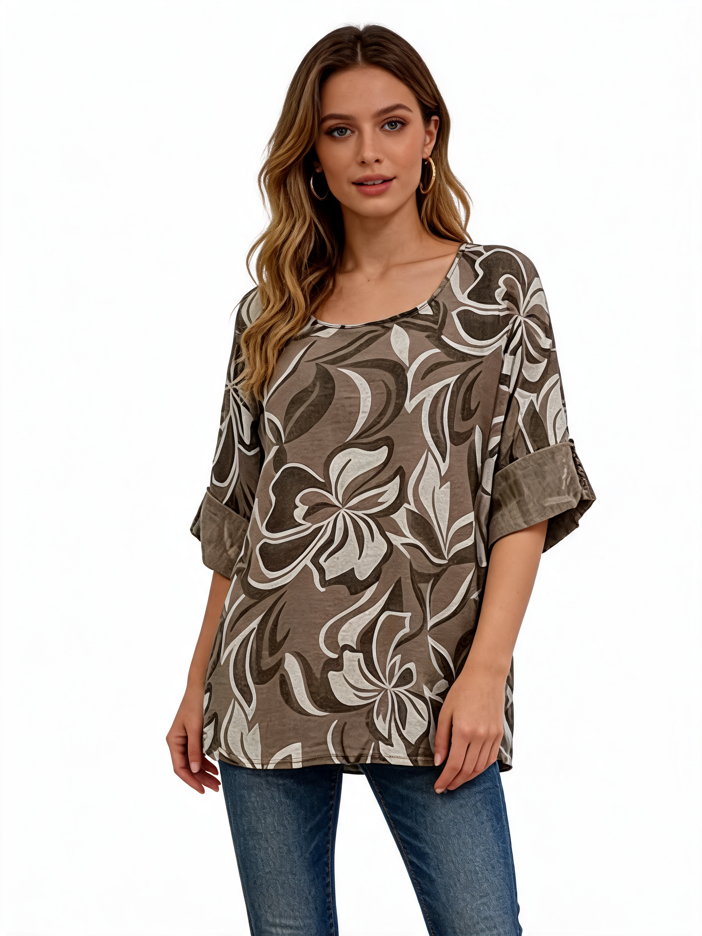Abstract Floral Print Oversized Blouse | Monochrome 3/4 Sleeve Top - Mocha