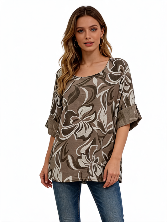 Abstract Floral Print Oversized Blouse | Monochrome 3/4 Sleeve Top - Mocha