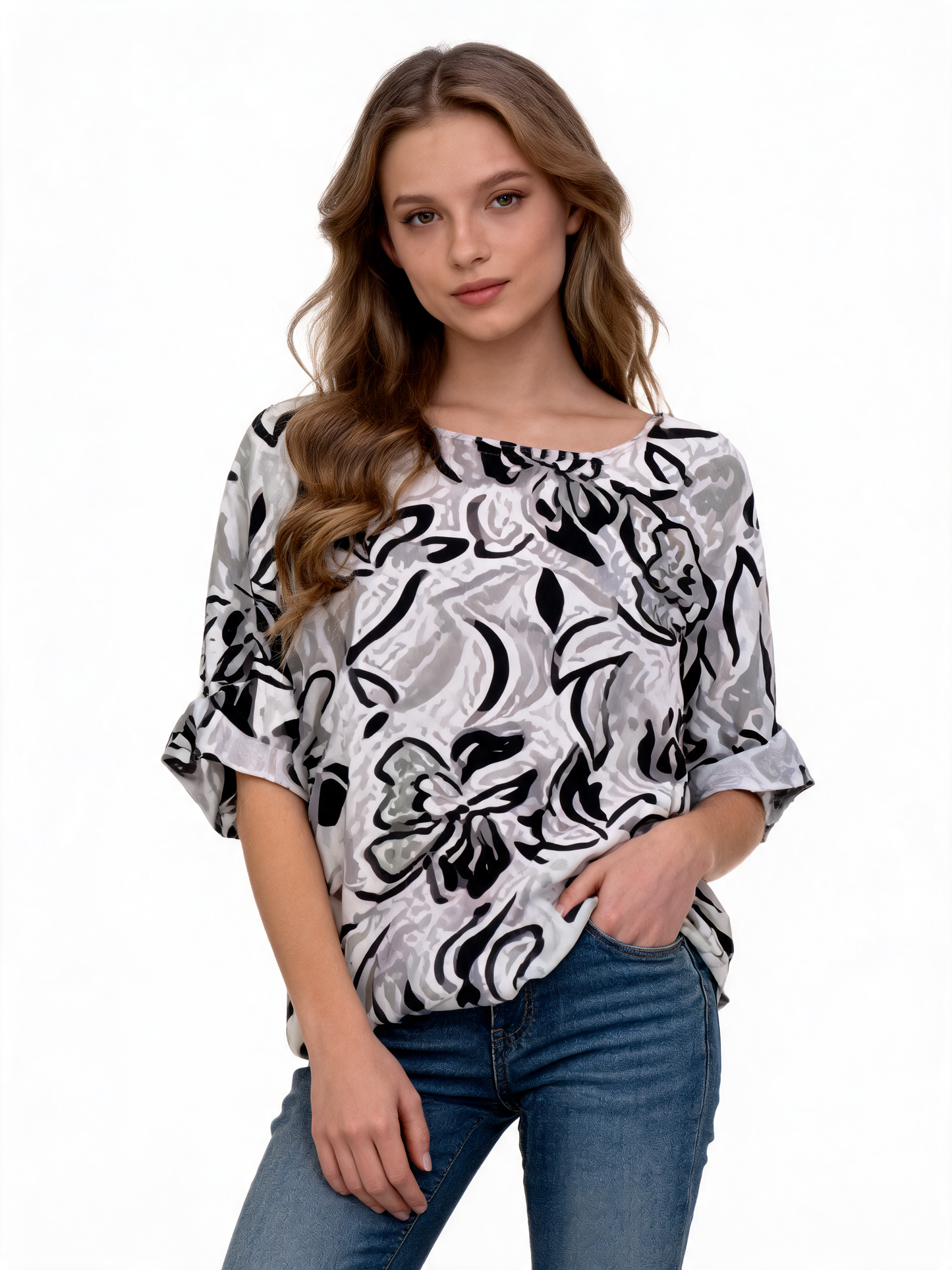 Abstract Floral Print Oversized Blouse | Monochrome 3/4 Sleeve Top - Grey