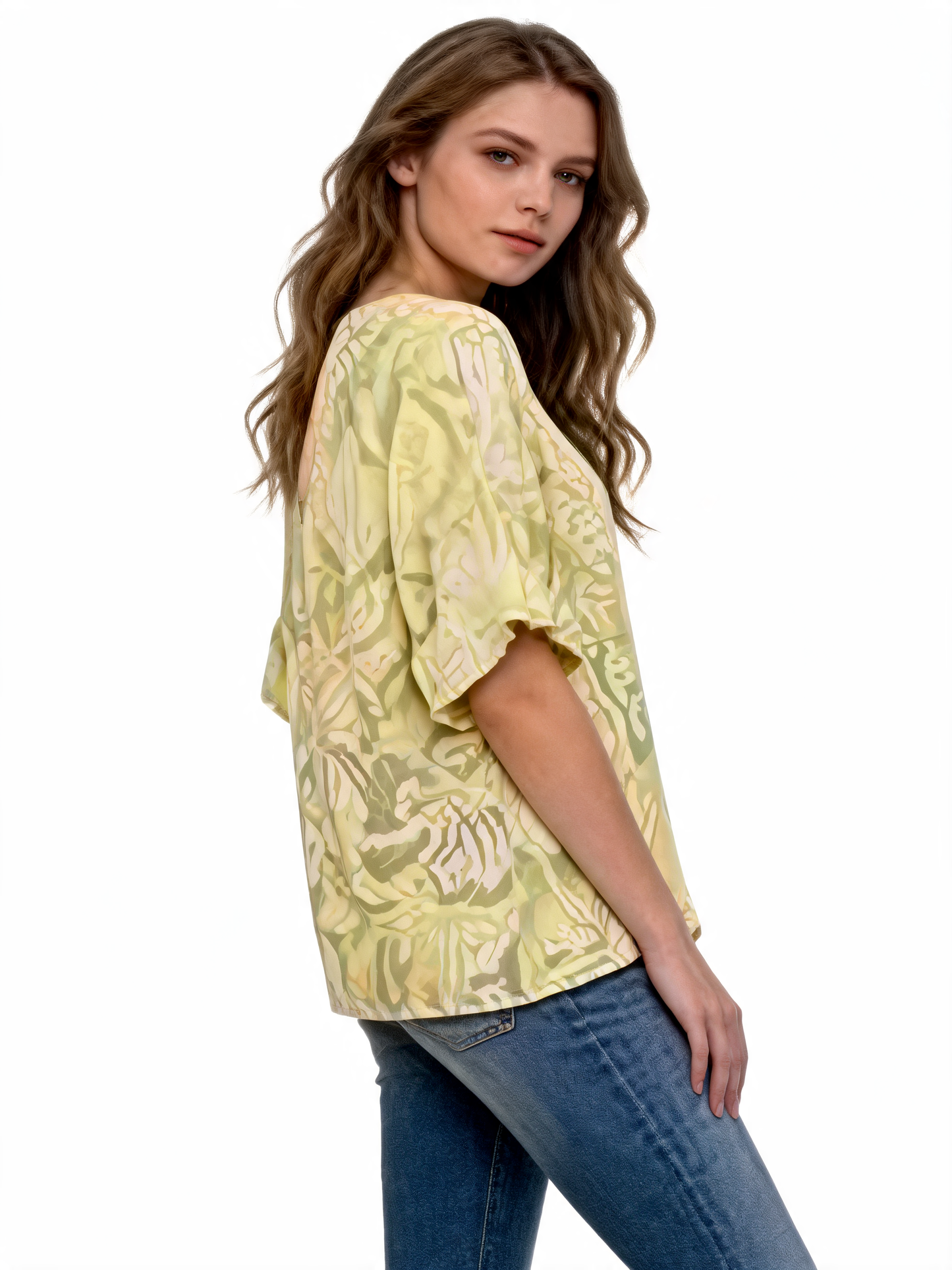 Abstract Floral Print Oversized Blouse | Monochrome 3/4 Sleeve Top - Lemon
