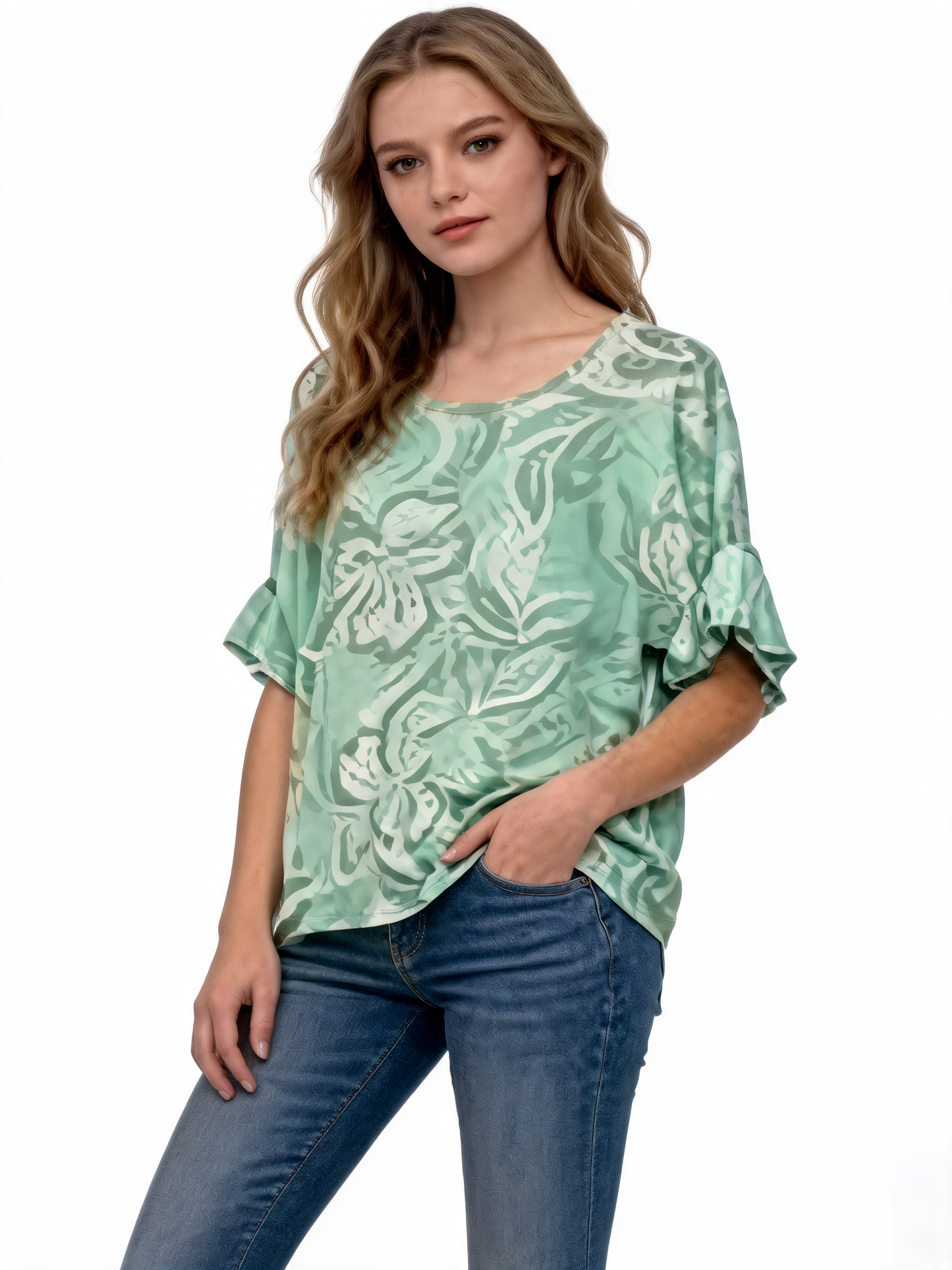 Abstract Floral Print Oversized Blouse | Monochrome 3/4 Sleeve Top - Mint