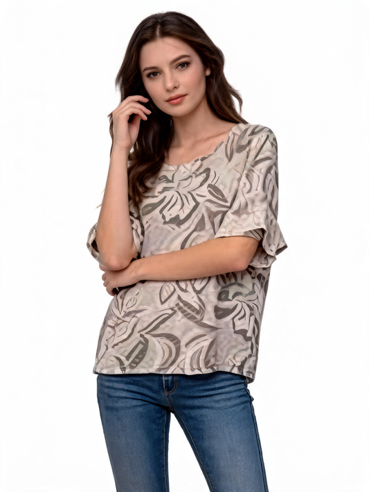 Abstracte bloemenprint oversized blouse | Monochroom 3/4 mouw top - Beige