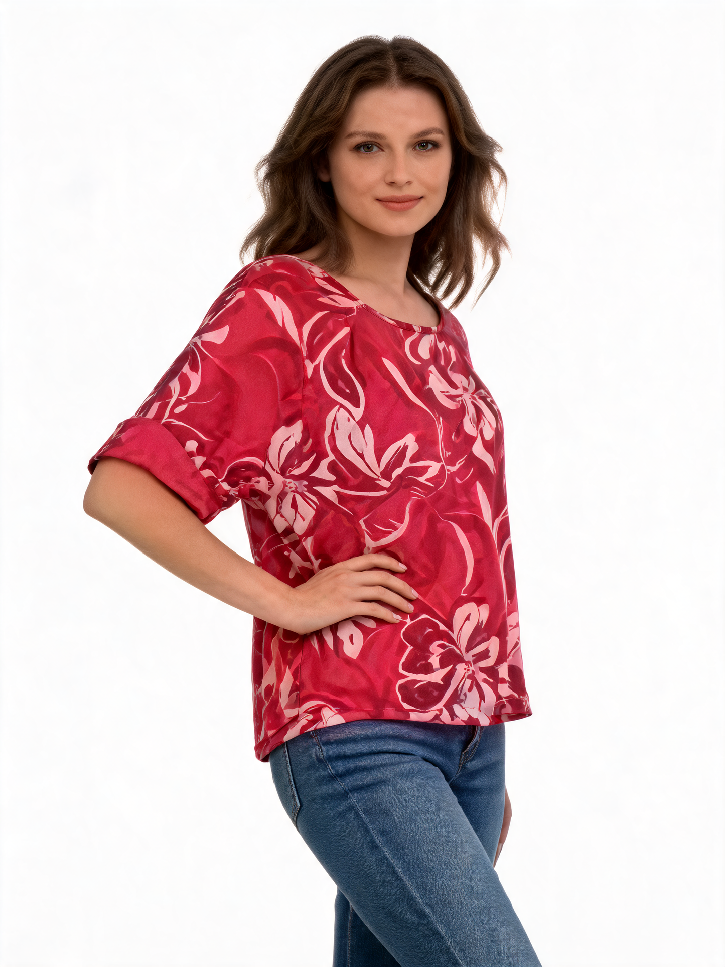 Abstract Floral Print Oversized Blouse | Monochrome 3/4 Sleeve Top - Coral