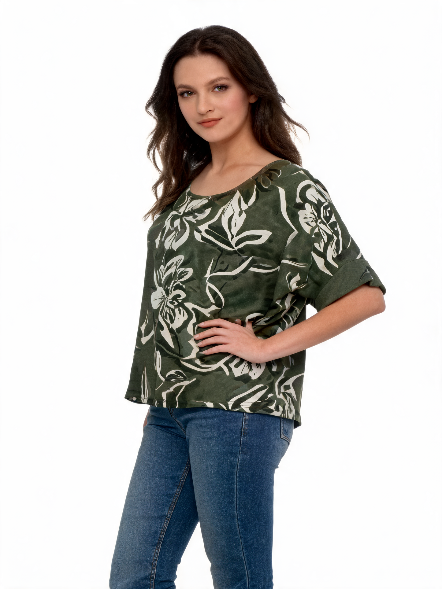Abstract Floral Print Oversized Blouse | Monochrome 3/4 Sleeve Top - Khaki