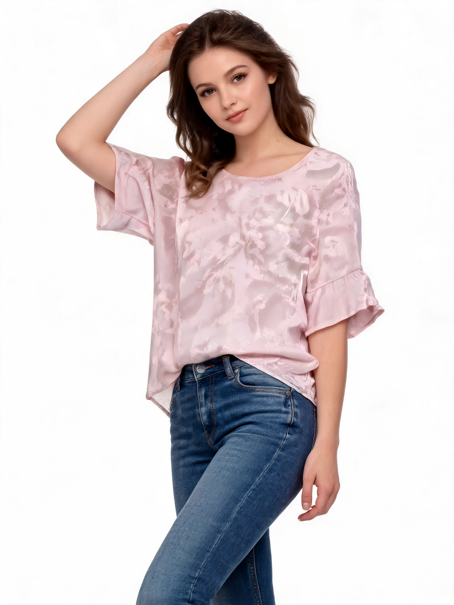 Abstract Floral Print Oversized Blouse | Monochrome 3/4 Sleeve Top - Dusty Pink