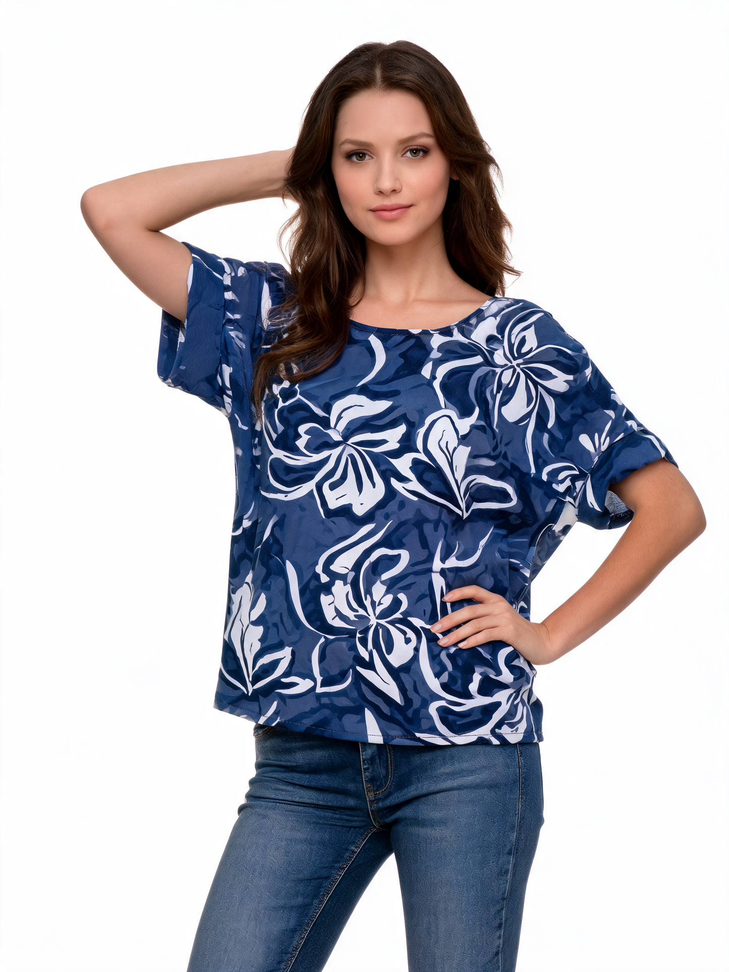 Abstract Floral Print Oversized Blouse | Monochrome 3/4 Sleeve Top - Navy