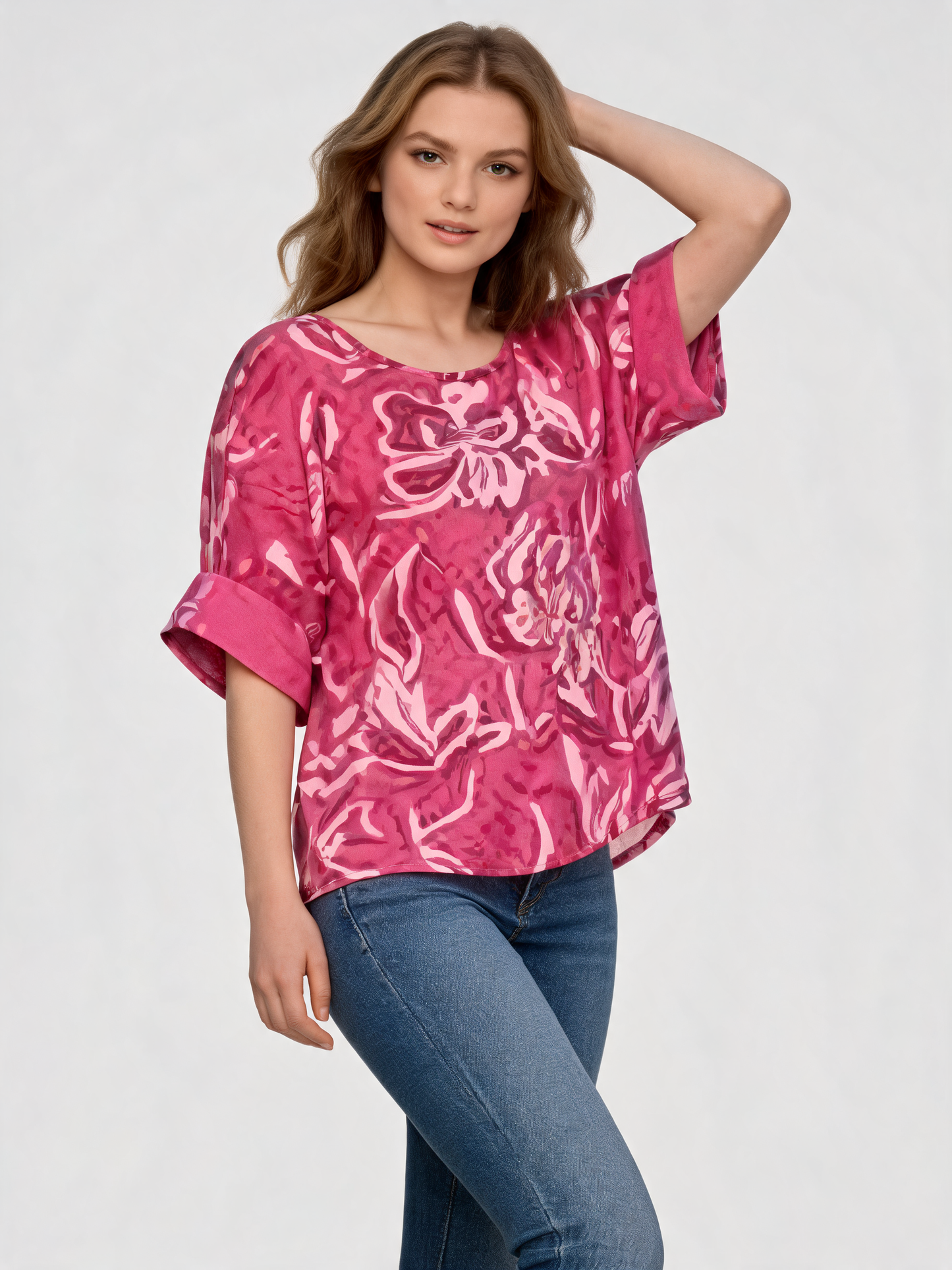 Abstract Floral Print Oversized Blouse | Monochrome 3/4 Sleeve Top - Fuchsia