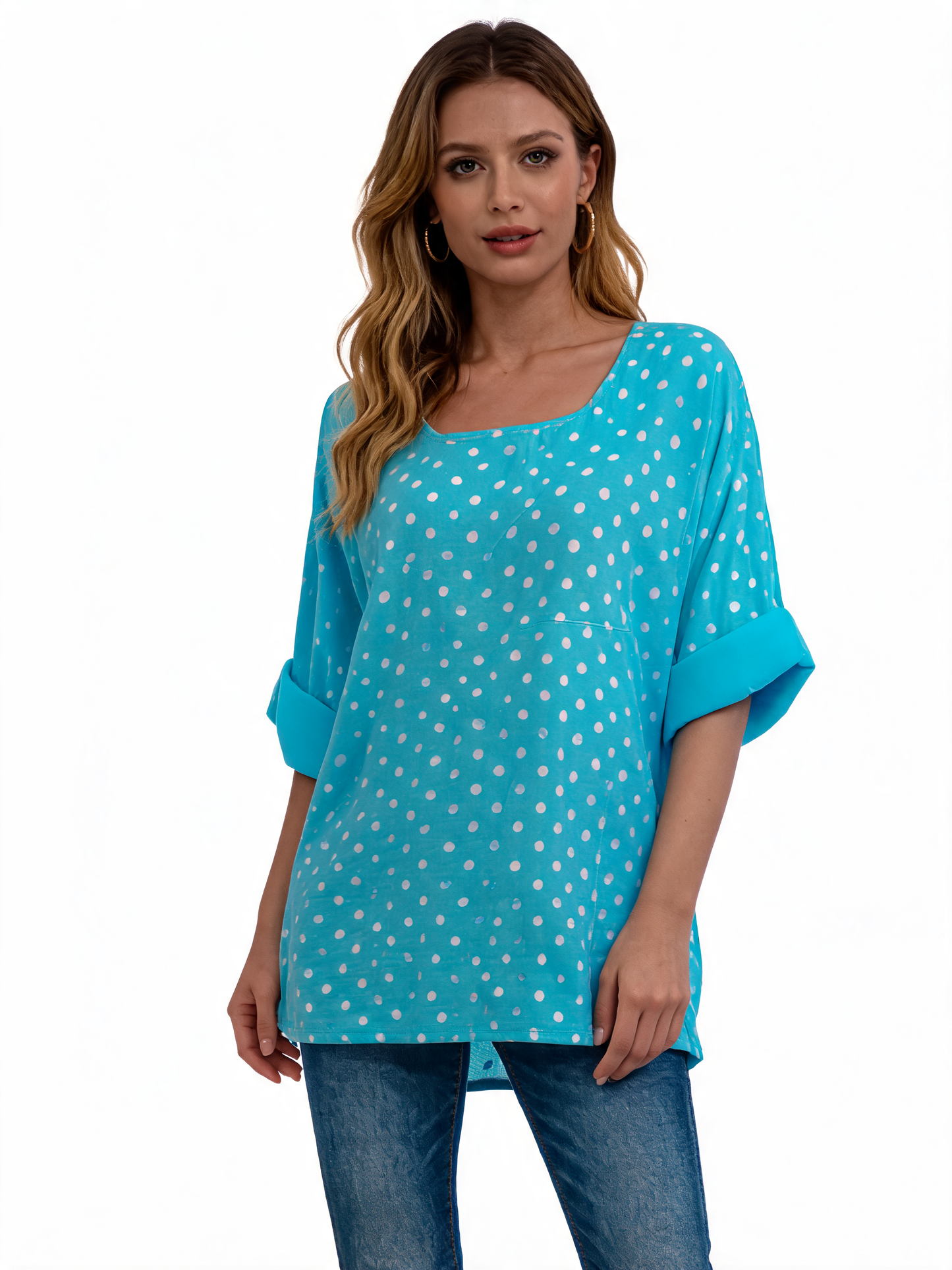 Polka Dot Oversized Longline Top 3/4 Sleeve Blouse - Turquoise