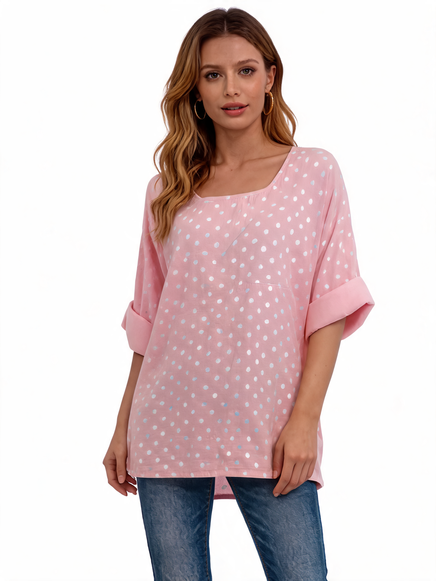 Polka Dot Oversized Longline Top 3/4 Sleeve Blouse - Dusty Pink