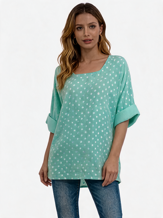 Polka Dot Oversized Longline Top 3/4 Sleeve Blouse - Mint