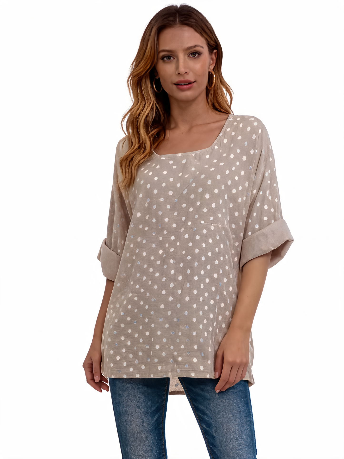 Polka Dot Oversized Longline Top 3/4 Sleeve Blouse - Beige