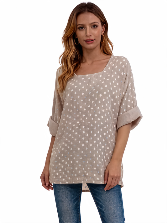 Polka Dot Oversized Longline Top 3/4 Sleeve Blouse - Beige