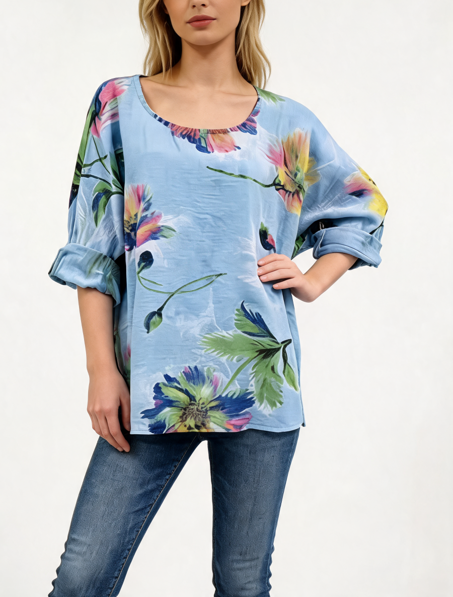 Watercolour Floral Print Tunic Oversized Round Neck Blouse