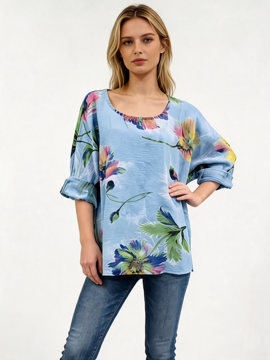Watercolour Floral Oversized Top 3/4 Sleeve Blouse - Sky Blue