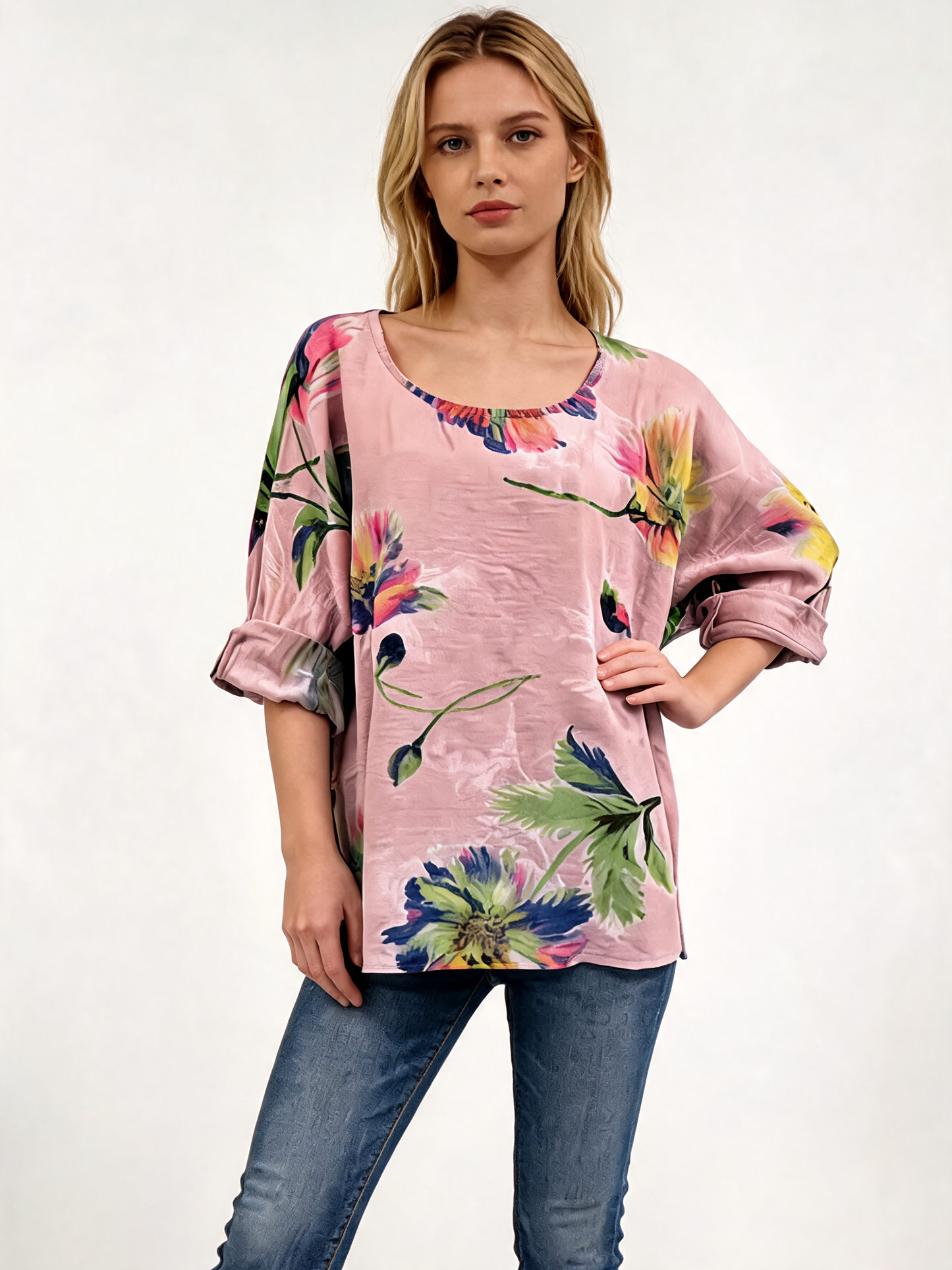 Watercolour Floral Oversized Top 3/4 Sleeve Blouse - Dusty Pink