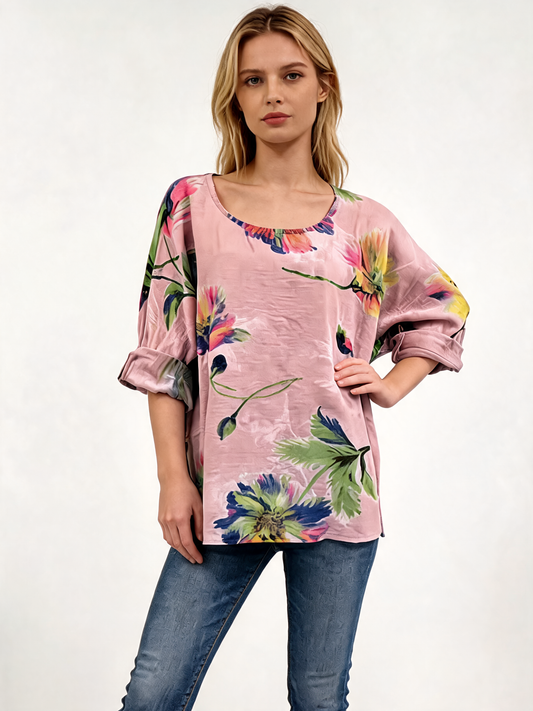 Watercolour Floral Oversized Top 3/4 Sleeve Blouse - Dusty Pink